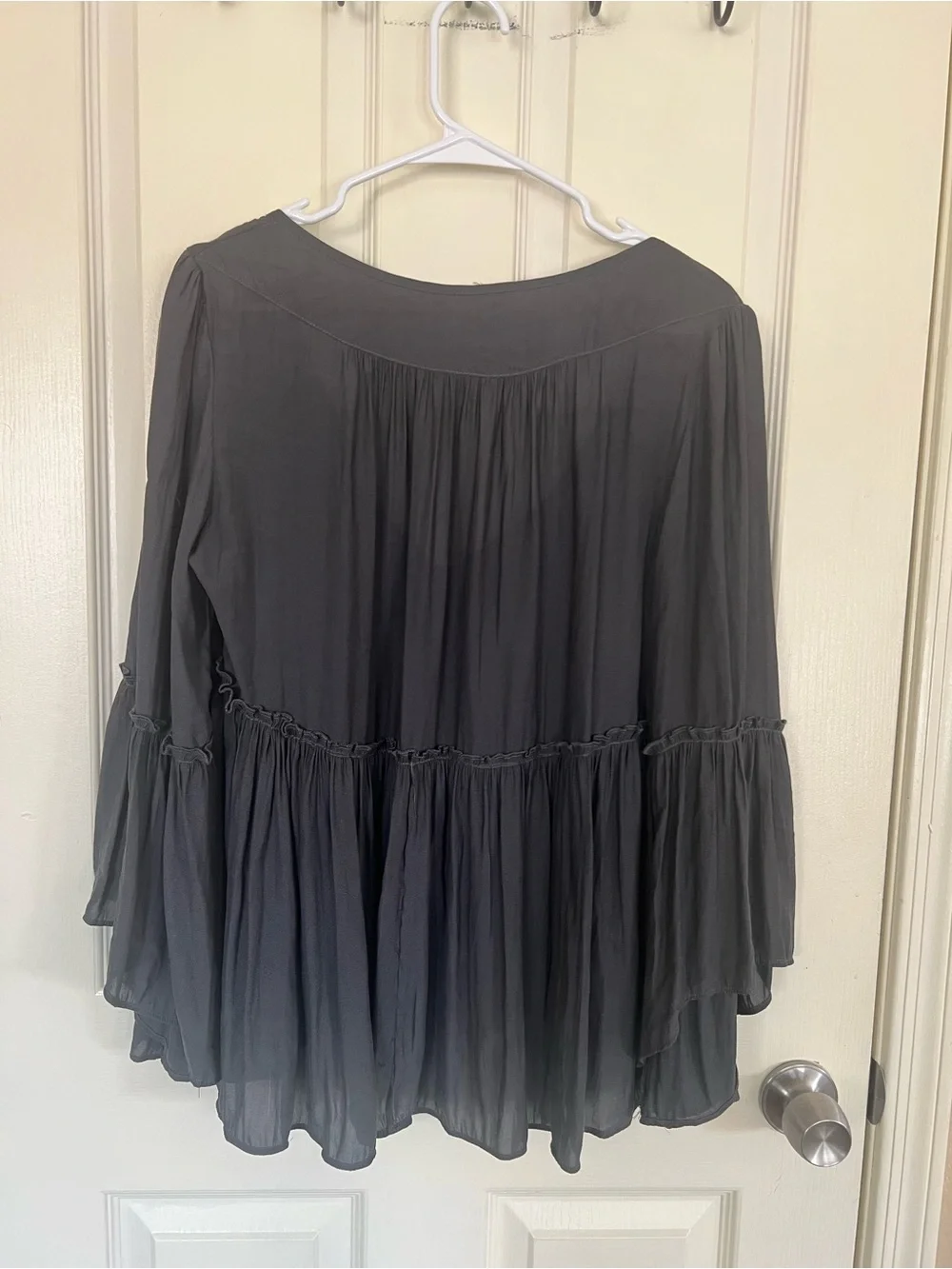 Free People Charcoal Ruffle Tiered Babydoll Blouse Long Sleeve Top